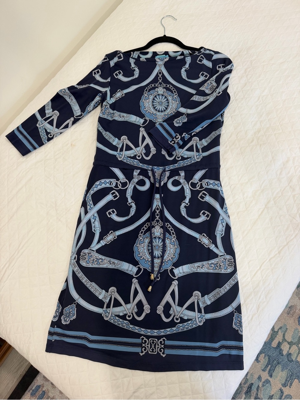 J. McLaughlin Navy Dress with Light Blue Chain & Medallion Print